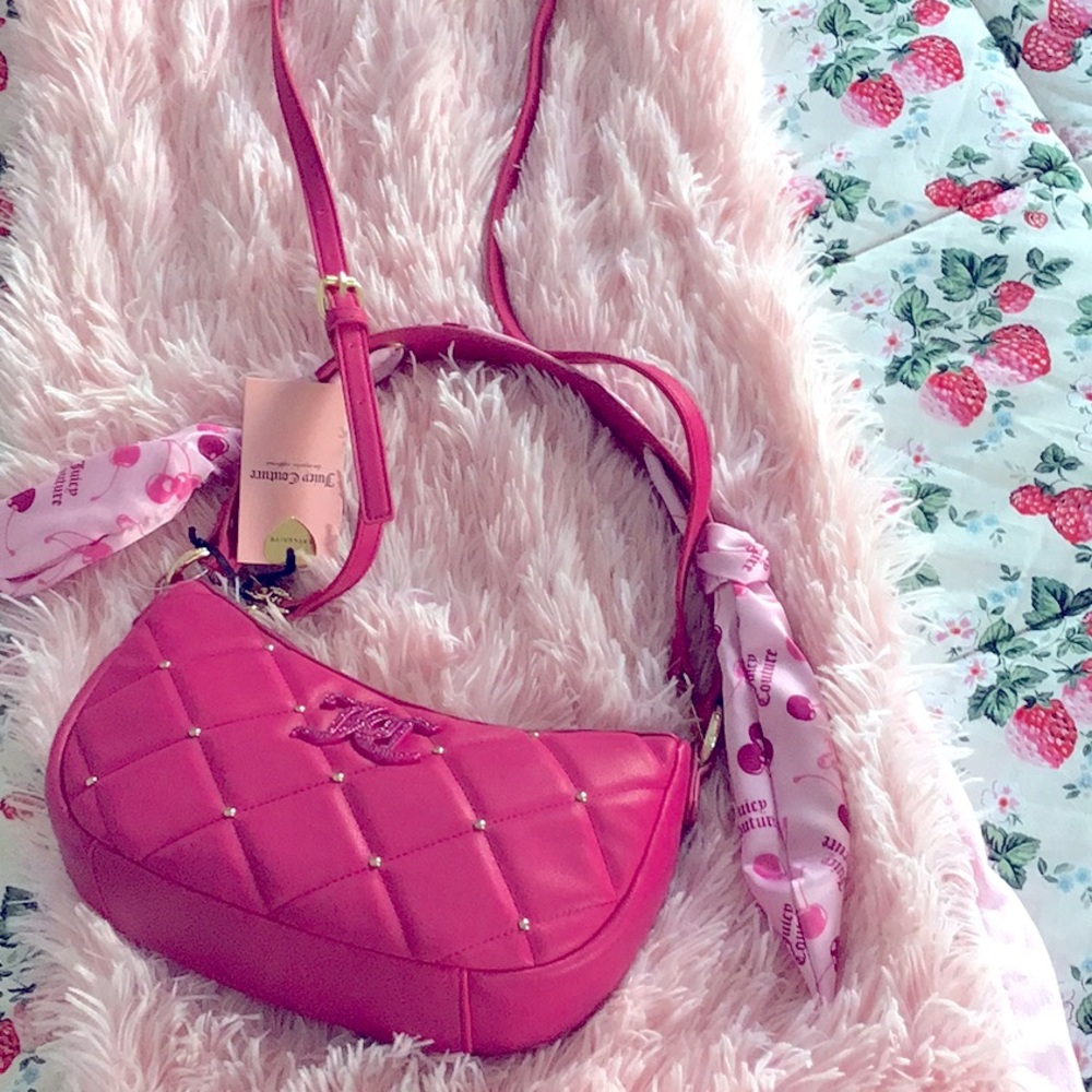 New Juicy Couture Pink Quilted Crossbody Shoulder Bag Cherry Theme Handkerchief